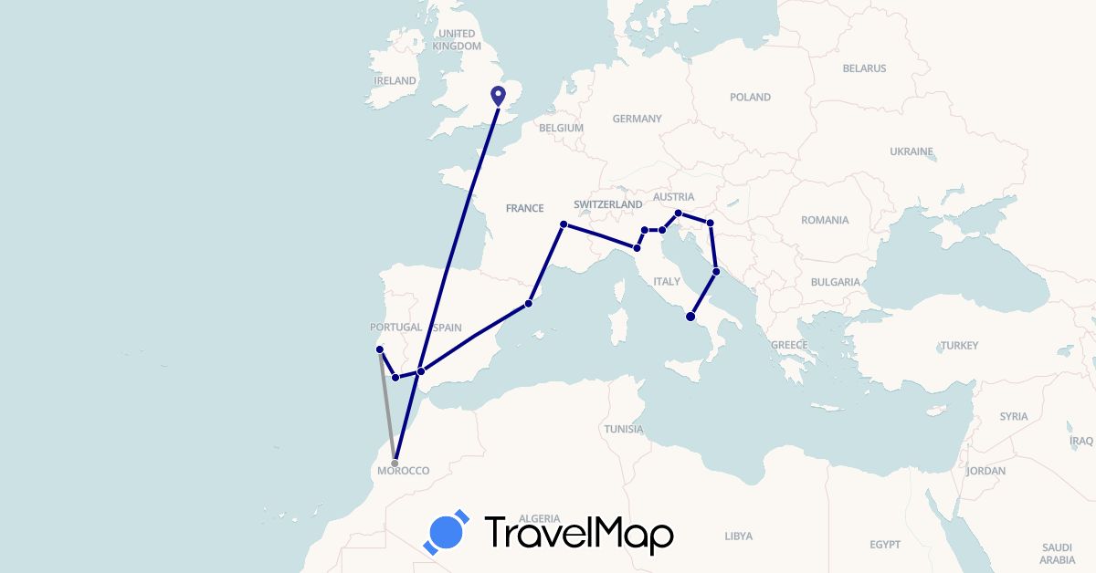TravelMap itinerary: driving, plane in Spain, France, United Kingdom, Croatia, Italy, Morocco, Portugal, Slovenia (Africa, Europe)